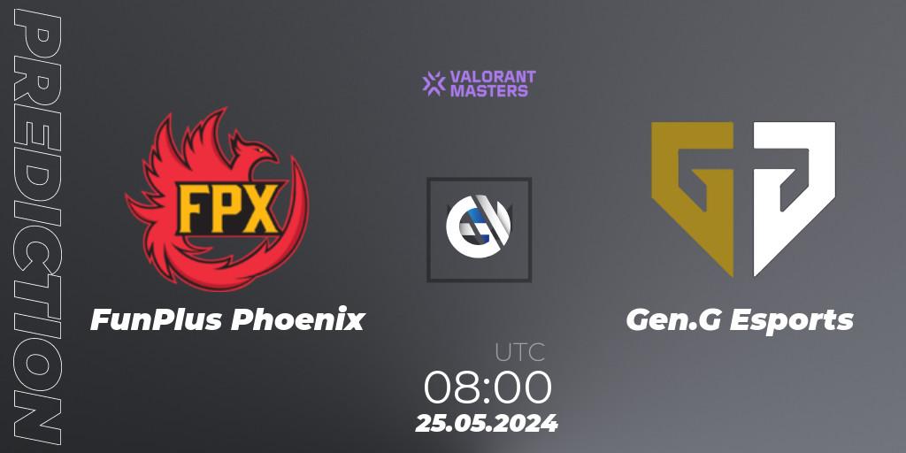 Prognose für das Spiel FunPlus Phoenix VS Gen.G Esports. 25.05.2024 at 08:00. VALORANT - VCT 2024: Masters Shanghai