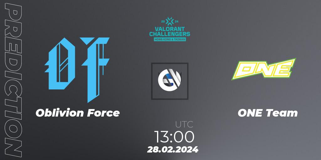 Prognose für das Spiel Oblivion Force VS ONE Team. 28.02.24. VALORANT - VALORANT Challengers Hong Kong and Taiwan 2024: Split 1