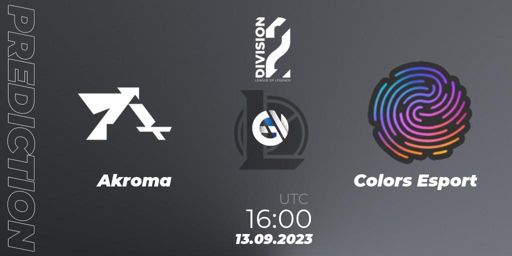 Prognose für das Spiel Akroma VS Colors Esport. 13.09.2023 at 16:00. LoL - LFL Division 2 2024 - Up & Down