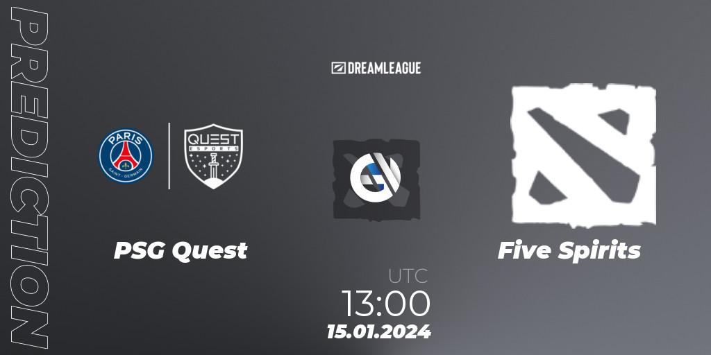 Prognose für das Spiel PSG Quest VS Five Spirits. 15.01.2024 at 13:45. Dota 2 - DreamLeague Season 22: MENA Closed Qualifier