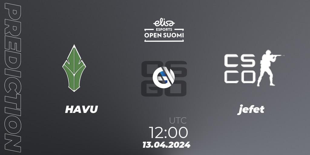 Prognose für das Spiel HAVU VS jefet. 13.04.24. CS2 (CS:GO) - Elisa Open Suomi Season 6