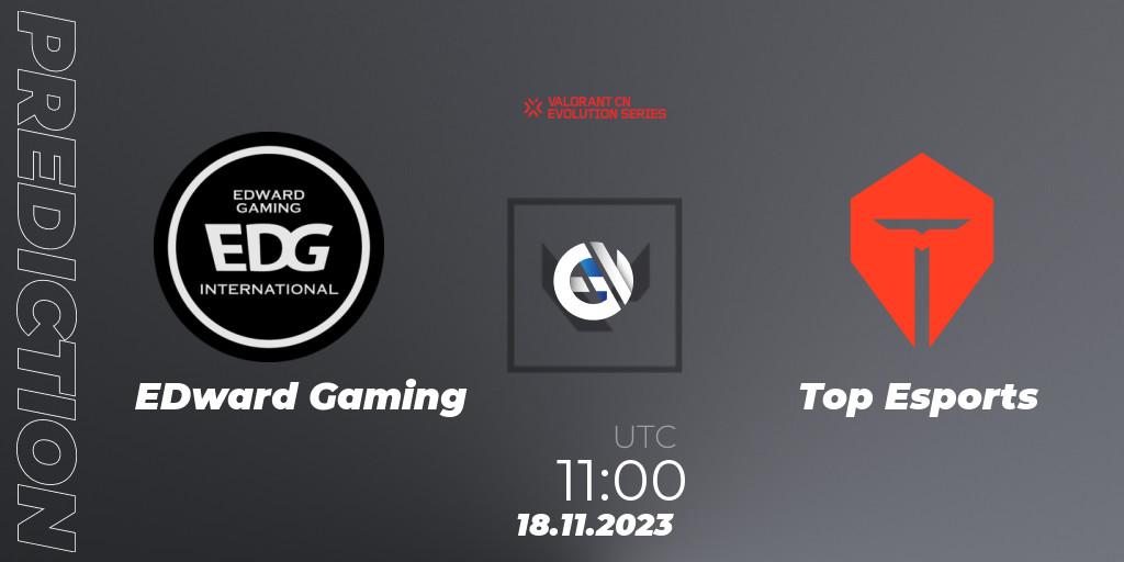 Prognose für das Spiel EDward Gaming VS Top Esports. 18.11.2023 at 12:30. VALORANT - VALORANT China Evolution Series Act 3: Heritability