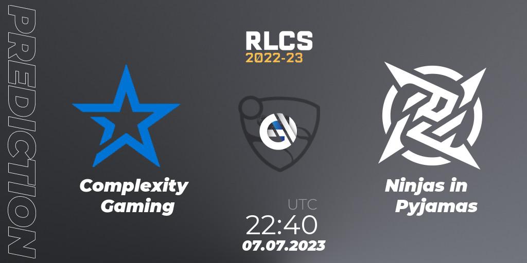 Prognose für das Spiel Complexity Gaming VS Ninjas in Pyjamas. 07.07.2023 at 23:00. Rocket League - RLCS 2022-23 Spring Major