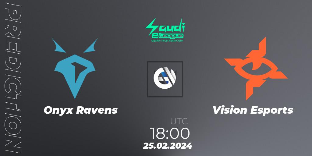 Prognose für das Spiel Onyx Ravens VS Vision Esports. 25.02.2024 at 18:00. VALORANT - Saudi eLeague 2024: Major 1