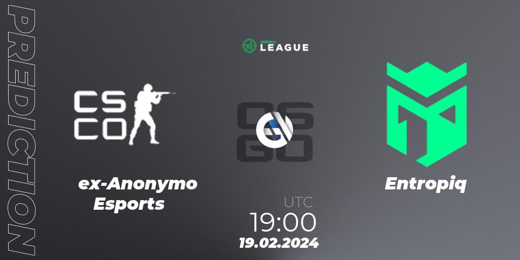 Prognose für das Spiel ex-Anonymo Esports VS Entropiq. 19.02.2024 at 19:00. Counter-Strike (CS2) - ESEA Season 48: Advanced Division - Europe
