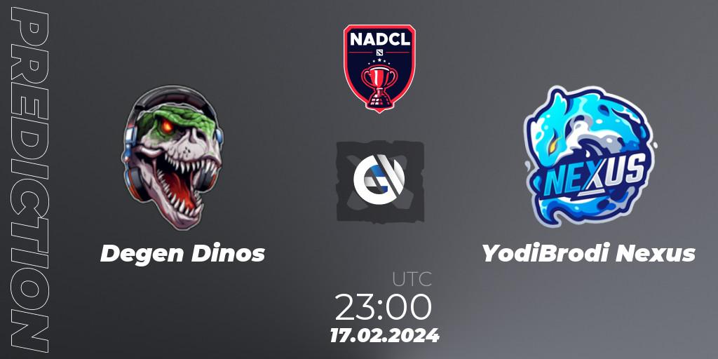 Prognose für das Spiel Degen Dinos VS YodiBrodi Nexus. 17.02.2024 at 23:00. Dota 2 - North American Dota Challengers League Season 6 Division 1