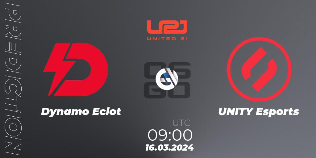 Prognose für das Spiel Dynamo Eclot VS UNITY Esports. 16.03.2024 at 09:00. Counter-Strike (CS2) - United21 Season 13