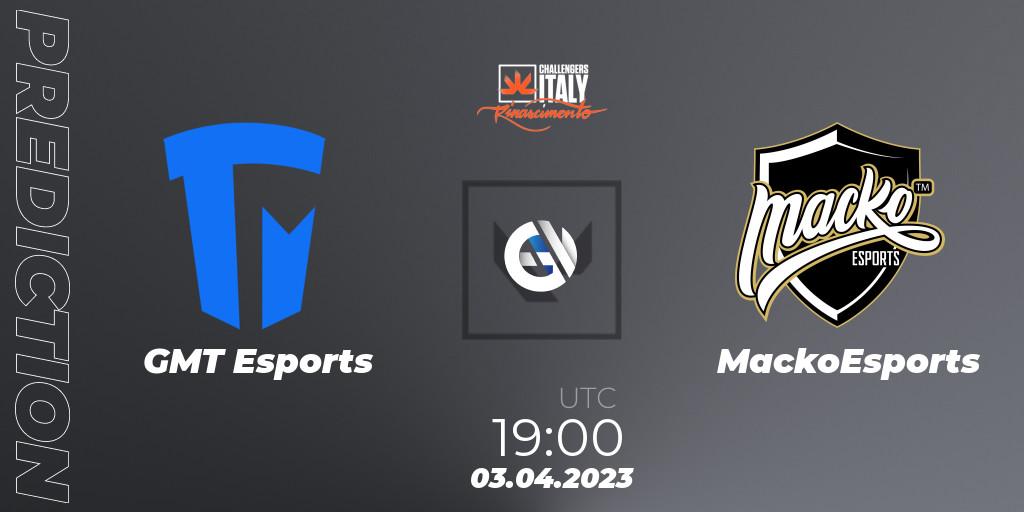 Prognose für das Spiel GMT Esports VS MackoEsports. 03.04.2023 at 19:10. VALORANT - VALORANT Challengers 2023 Italy: Rinascimento Split 2