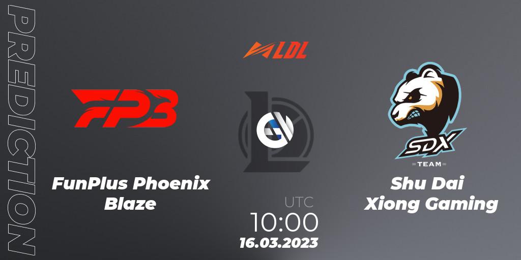 Prognose für das Spiel FunPlus Phoenix Blaze VS Shu Dai Xiong Gaming. 16.03.2023 at 10:00. LoL - LDL 2023 - Regular Season
