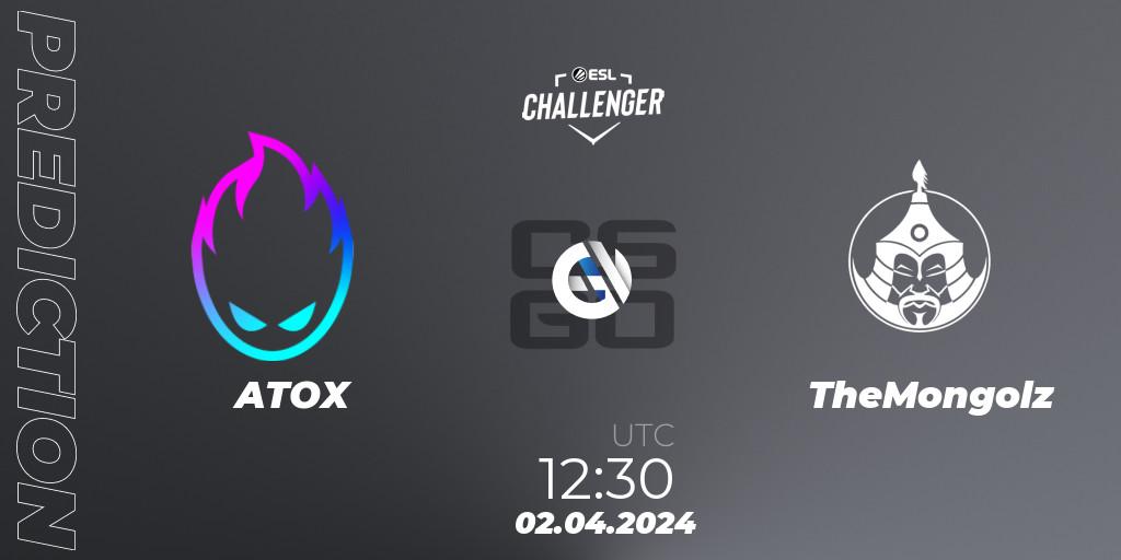 Prognose für das Spiel ATOX VS TheMongolz. 02.04.2024 at 12:30. Counter-Strike (CS2) - ESL Challenger #57: Asian Closed Qualifier
