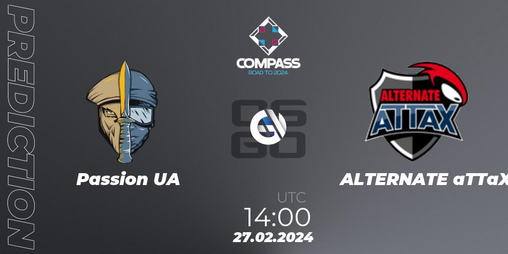 Prognose für das Spiel Passion UA VS ALTERNATE aTTaX. 27.02.2024 at 14:00. Counter-Strike (CS2) - YaLLa Compass Spring 2024 Contenders