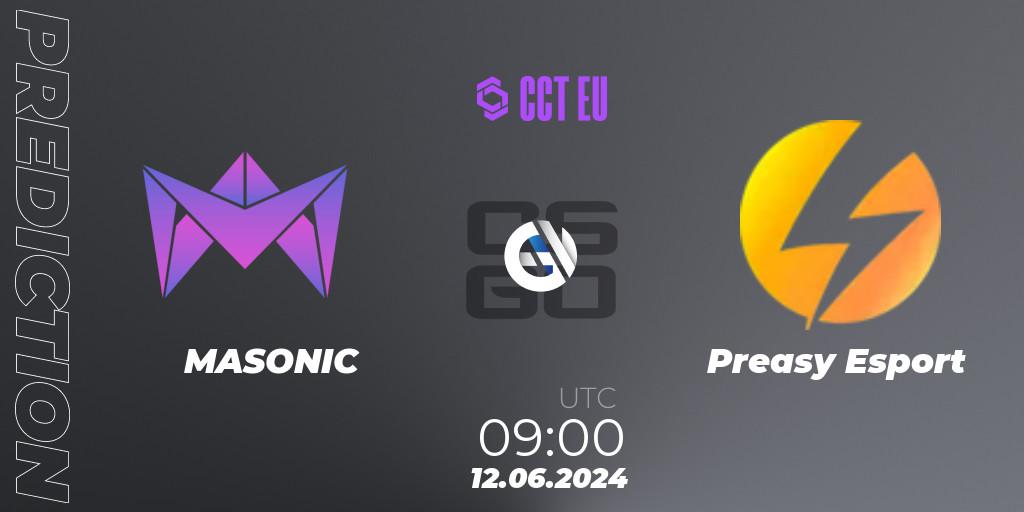 Prognose für das Spiel MASONIC VS Preasy Esport. 12.06.2024 at 09:00. Counter-Strike (CS2) - CCT Season 2 European Series #6 Play-In
