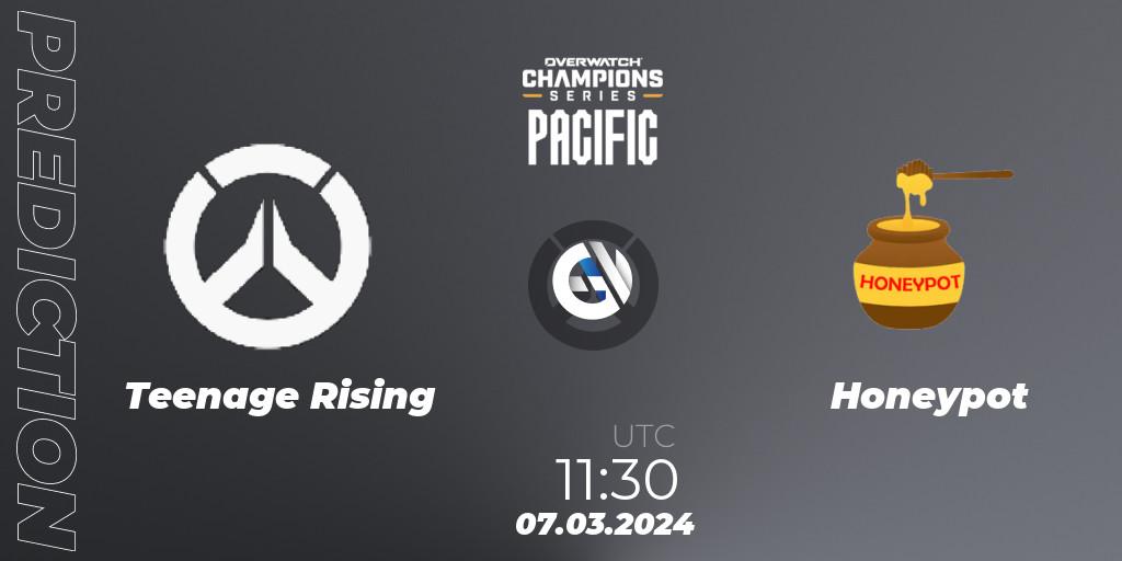 Prognose für das Spiel Teenage Rising VS Honeypot. 07.03.2024 at 11:30. Overwatch - Overwatch Champions Series 2024 - Stage 1 Pacific
