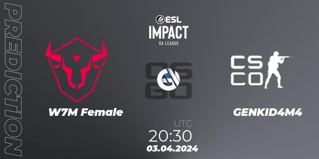 Prognose für das Spiel W7M Female VS GENKID4M4. 03.04.24. CS2 (CS:GO) - ESL Impact League Season 5: South America