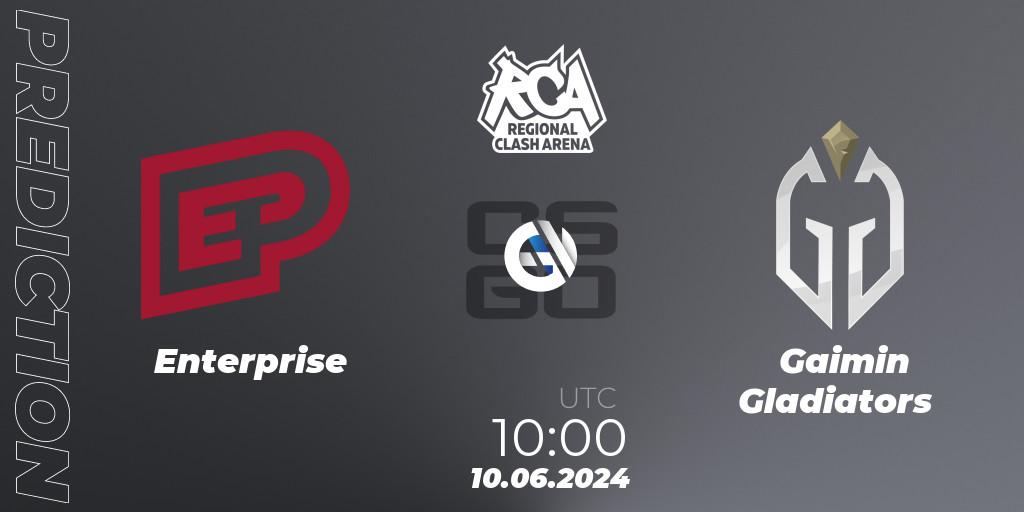 Prognose für das Spiel Enterprise VS Gaimin Gladiators. 10.06.2024 at 10:00. Counter-Strike (CS2) - Regional Clash Arena Europe