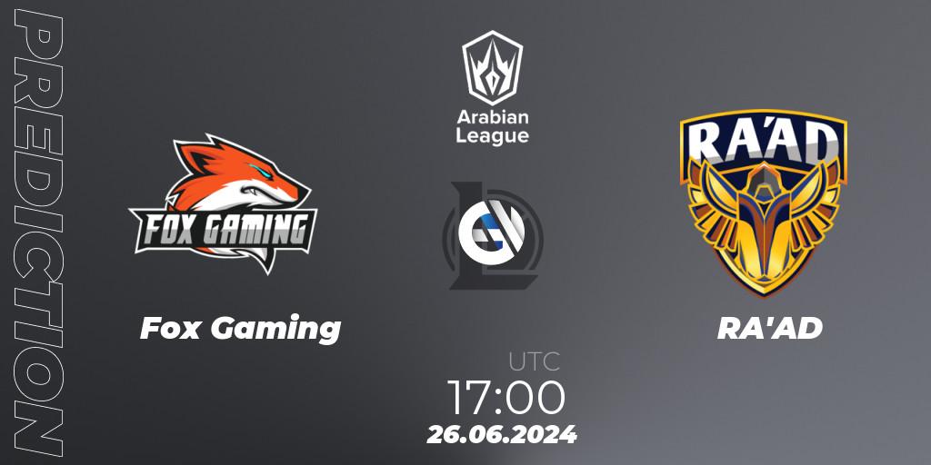 Prognose für das Spiel Fox Gaming VS RA'AD. 25.06.2024 at 17:00. LoL - Arabian League Summer 2024