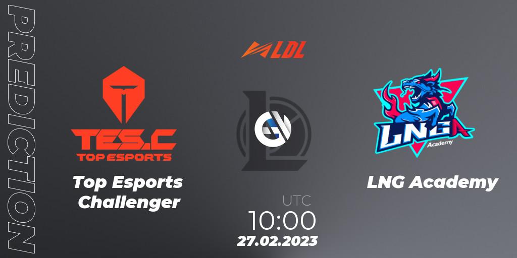 Prognose für das Spiel Top Esports Challenger VS LNG Academy. 27.02.2023 at 10:00. LoL - LDL 2023 - Regular Season