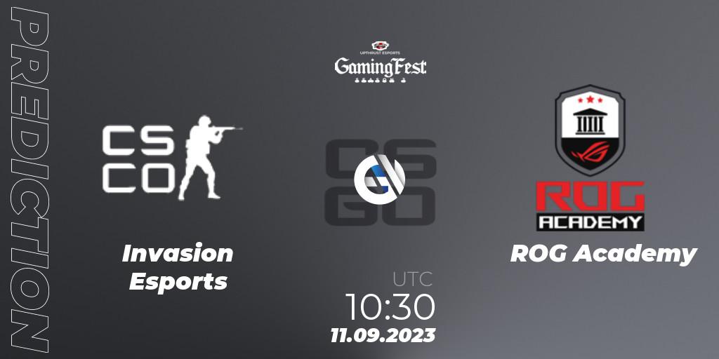 Prognose für das Spiel Invasion Esports VS ROG Academy. 11.09.2023 at 10:30. Counter-Strike (CS2) - Upthrust Esports GamingFest Season 3