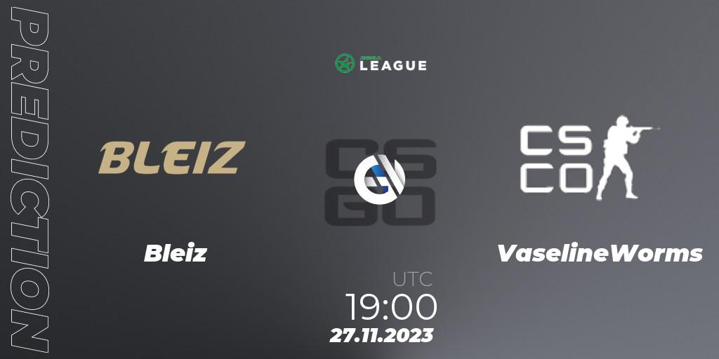 Prognose für das Spiel Bleiz VS VaselineWorms. 27.11.2023 at 19:00. Counter-Strike (CS2) - ESEA Season 47: Advanced Division - Europe