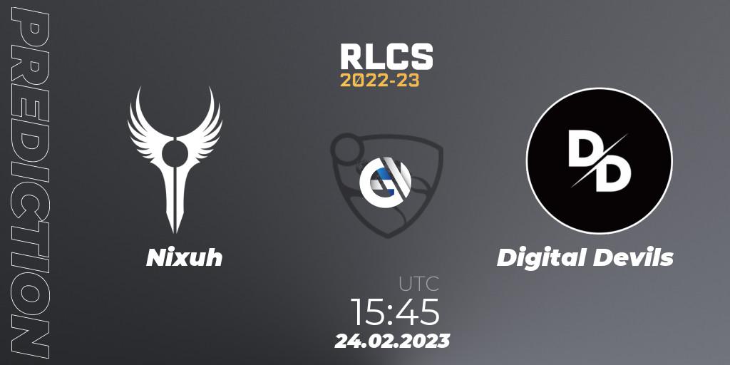 Prognose für das Spiel Nixuh VS Digital Devils. 24.02.2023 at 15:45. Rocket League - RLCS 2022-23 - Winter: Sub-Saharan Africa Regional 3 - Winter Invitational