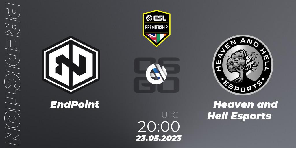 Prognose für das Spiel EndPoint VS Heaven and Hell Esports. 23.05.2023 at 20:00. Counter-Strike (CS2) - ESL Premiership Spring 2023