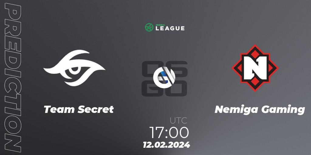Prognose für das Spiel Team Secret VS Nemiga Gaming. 12.02.2024 at 17:00. Counter-Strike (CS2) - ESEA Season 48: Advanced Division - Europe