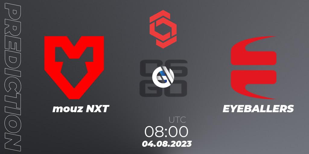 Prognose für das Spiel mouz NXT VS EYEBALLERS. 04.08.2023 at 08:00. Counter-Strike (CS2) - CCT Central Europe Series #7
