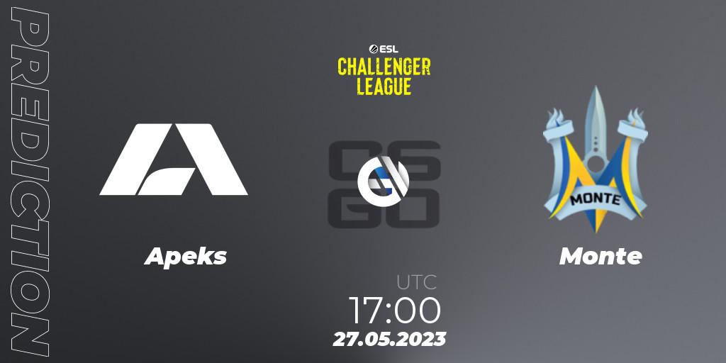 Prognose für das Spiel Apeks VS Monte. 27.05.2023 at 17:00. Counter-Strike (CS2) - ESL Challenger League Season 45: Europe