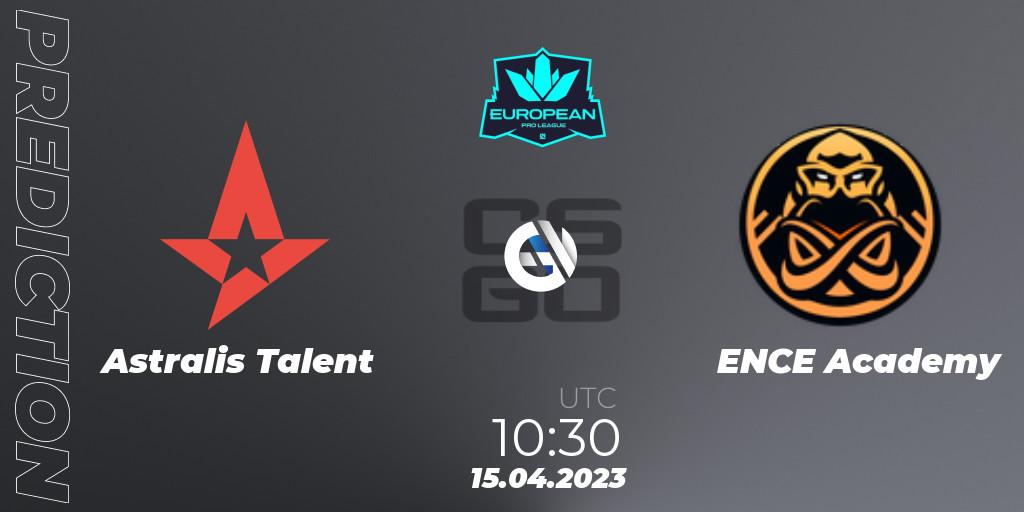 Prognose für das Spiel Astralis Talent VS ENCE Academy. 15.04.2023 at 09:00. Counter-Strike (CS2) - European Pro League Season 7