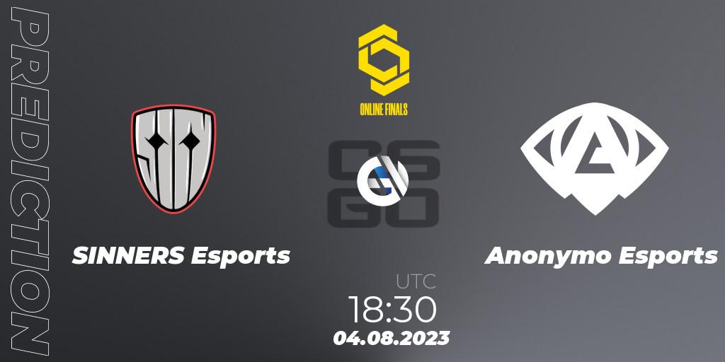 Prognose für das Spiel SINNERS Esports VS Anonymo Esports. 04.08.2023 at 20:35. Counter-Strike (CS2) - CCT 2023 Online Finals 2
