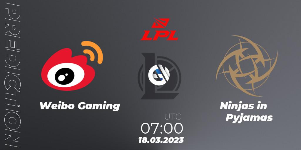 Prognose für das Spiel Weibo Gaming VS Ninjas in Pyjamas. 18.03.2023 at 07:00. LoL - LPL Spring 2023 - Group Stage