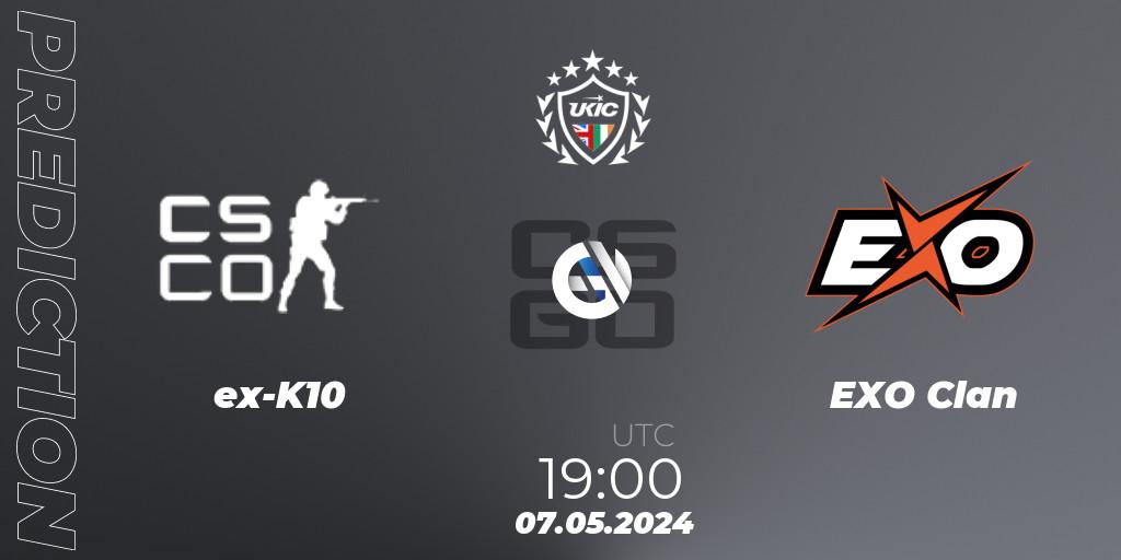 Prognose für das Spiel ex-K10 VS EXO Clan. 07.05.2024 at 19:00. Counter-Strike (CS2) - UKIC League Season 2: Division 1