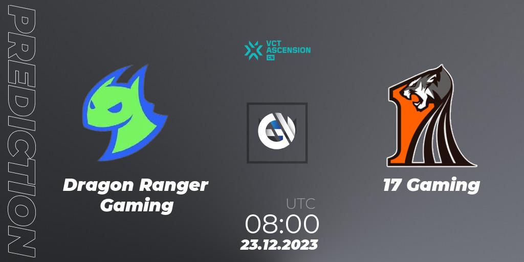 Prognose für das Spiel Dragon Ranger Gaming VS 17 Gaming. 23.12.2023 at 08:40. VALORANT - VALORANT China Ascension 2023