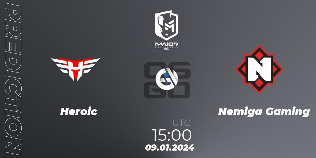 Prognose für das Spiel Heroic VS Nemiga Gaming. 09.01.2024 at 15:00. Counter-Strike (CS2) - PGL CS2 Major Copenhagen 2024 Europe RMR Open Qualifier 1