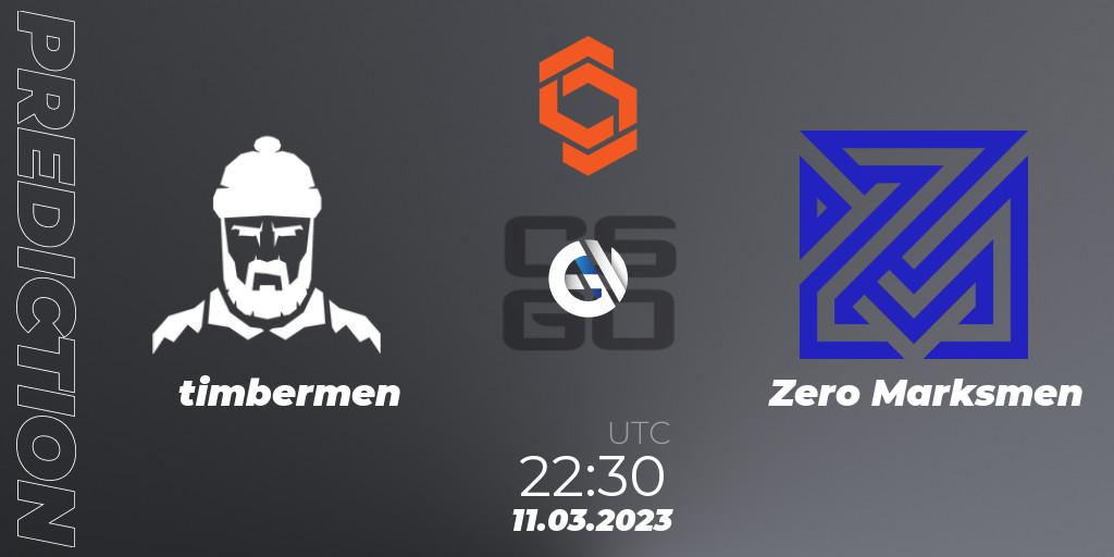 Prognose für das Spiel timbermen VS Zero Marksmen. 11.03.2023 at 22:30. Counter-Strike (CS2) - CCT North America Series #4