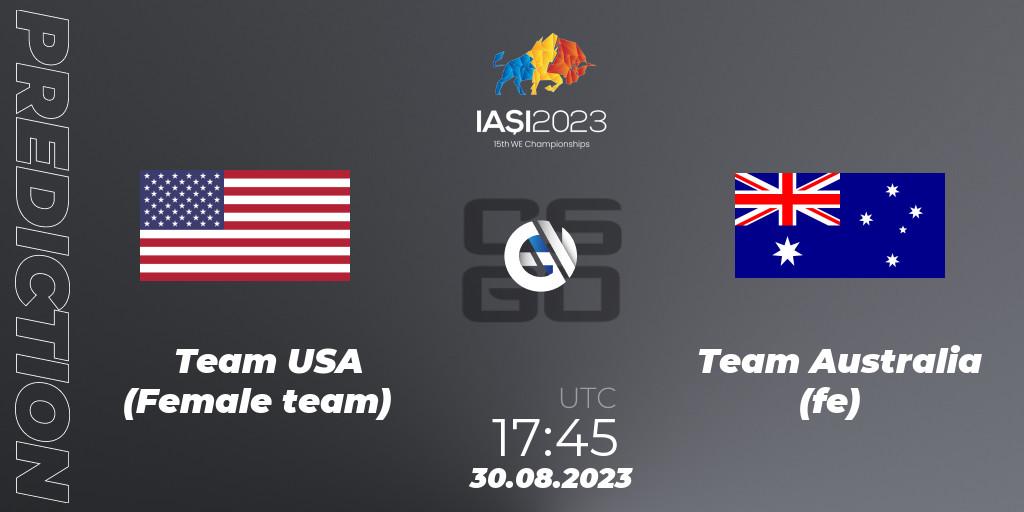 Prognose für das Spiel Team USA (Female team) VS Team Australia (fe). 31.08.2023 at 10:20. Counter-Strike (CS2) - IESF Female World Esports Championship 2023