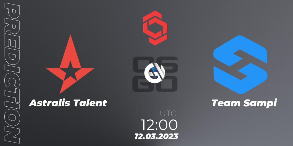 Prognose für das Spiel Astralis Talent VS Team Sampi. 12.03.2023 at 12:00. Counter-Strike (CS2) - CCT Central Europe Series 5 Closed Qualifier