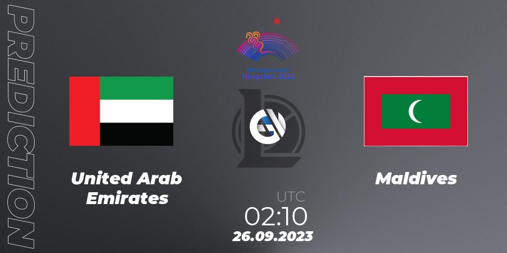 Prognose für das Spiel United Arab Emirates VS Maldives. 26.09.2023 at 02:10. LoL - 2022 Asian Games