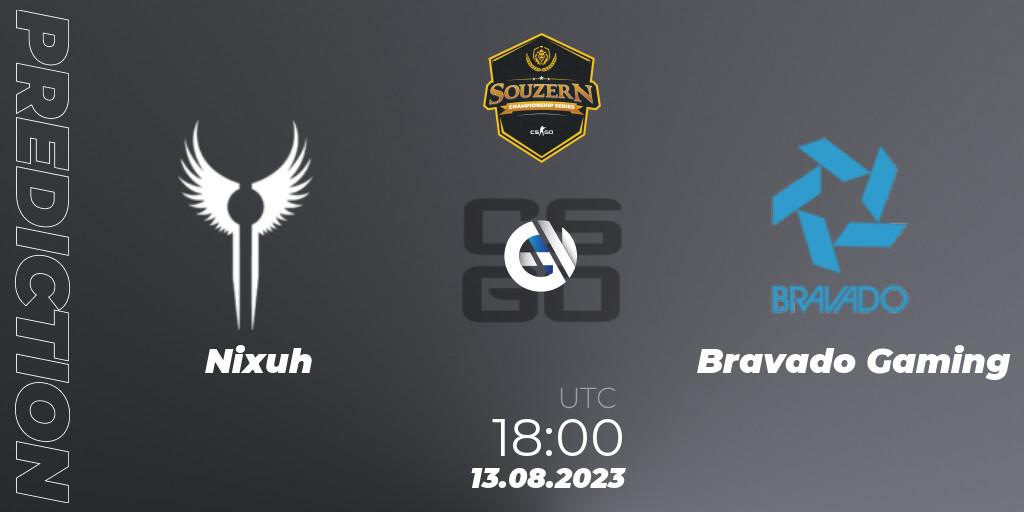 Prognose für das Spiel Nixuh VS Bravado Gaming. 13.08.2023 at 18:00. Counter-Strike (CS2) - SOUZERN Championship Series Season 1