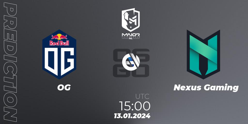 Prognose für das Spiel OG VS Nexus Gaming. 13.01.2024 at 15:00. Counter-Strike (CS2) - PGL CS2 Major Copenhagen 2024 Europe RMR Open Qualifier 3