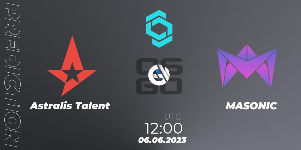 Prognose für das Spiel Astralis Talent VS MASONIC. 06.06.2023 at 12:00. Counter-Strike (CS2) - CCT North Europe Series 5