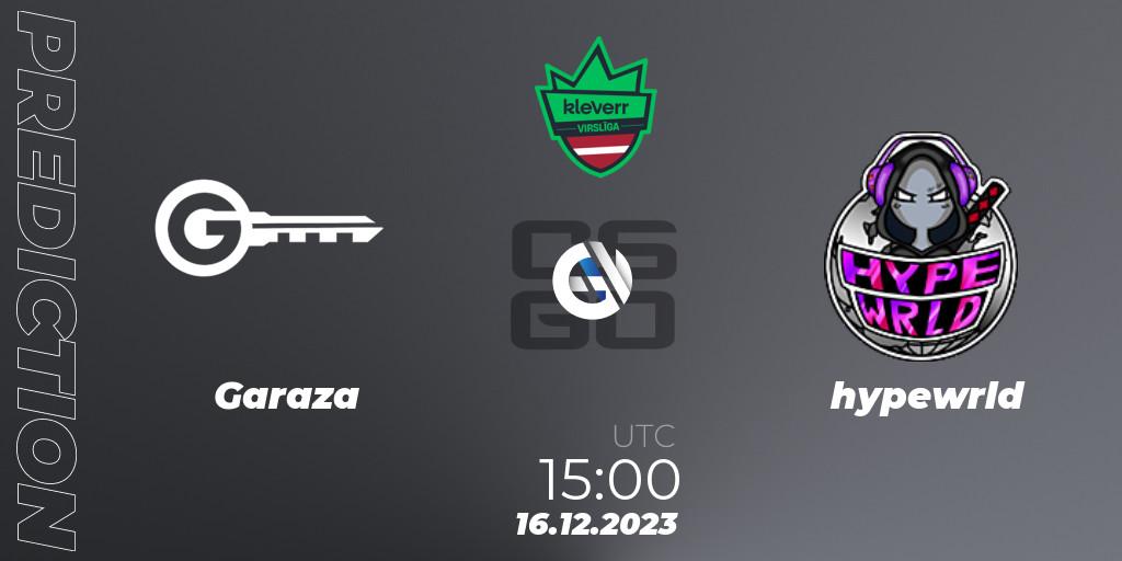 Prognose für das Spiel Garaza VS hypewrld. 16.12.2023 at 15:00. Counter-Strike (CS2) - kleverr Virsliga Season 1 Finals