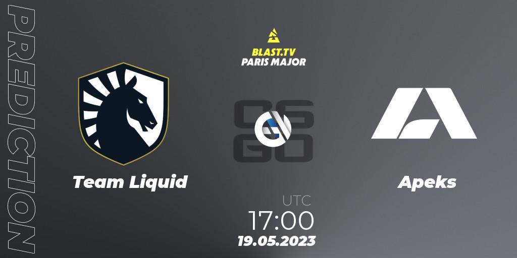 Prognose für das Spiel Team Liquid VS Apeks. 19.05.2023 at 15:55. Counter-Strike (CS2) - BLAST Paris Major 2023