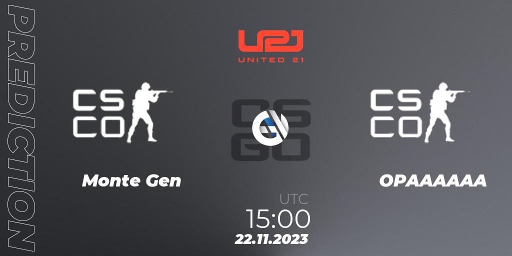 Prognose für das Spiel Monte Gen VS OPAAAAAA. 22.11.2023 at 15:00. Counter-Strike (CS2) - United21 Season 8: Division 2