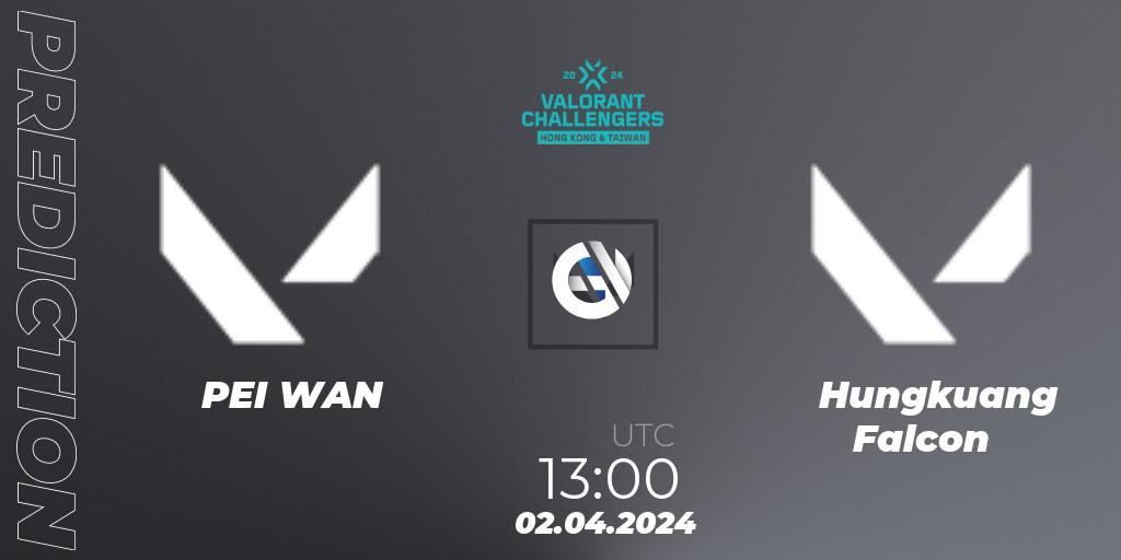 Prognose für das Spiel PEI WAN VS Hungkuang Falcon. 02.04.2024 at 13:00. VALORANT - VALORANT Challengers Hong Kong and Taiwan 2024: Split 1