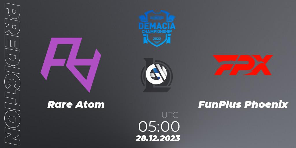 Prognose für das Spiel Rare Atom VS FunPlus Phoenix. 28.12.2023 at 05:00. LoL - Demacia Cup 2023 Group Stage