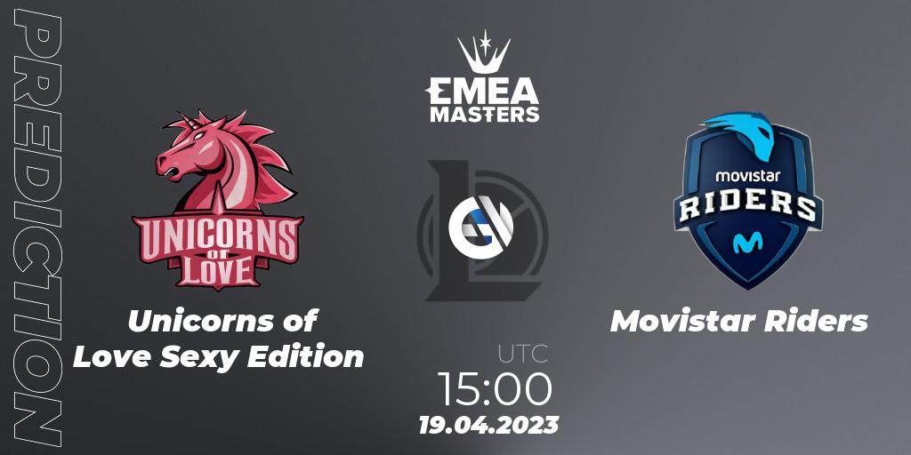 Prognose für das Spiel Unicorns of Love Sexy Edition VS Movistar Riders. 19.04.2023 at 15:00. LoL - EMEA Masters Spring 2023 - Playoffs