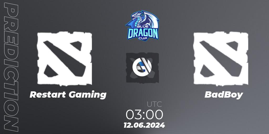 Prognose für das Spiel Restart Gaming VS BadBoy. 15.06.2024 at 03:00. Dota 2 - Blue Dragon Cup