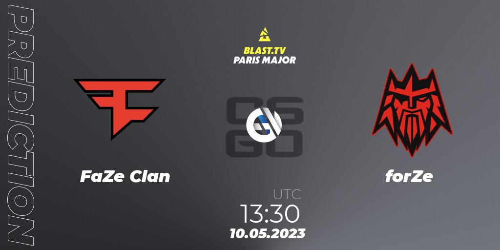 Prognose für das Spiel FaZe Clan VS forZe. 10.05.2023 at 13:20. Counter-Strike (CS2) - BLAST Paris Major 2023 Challengers Stage