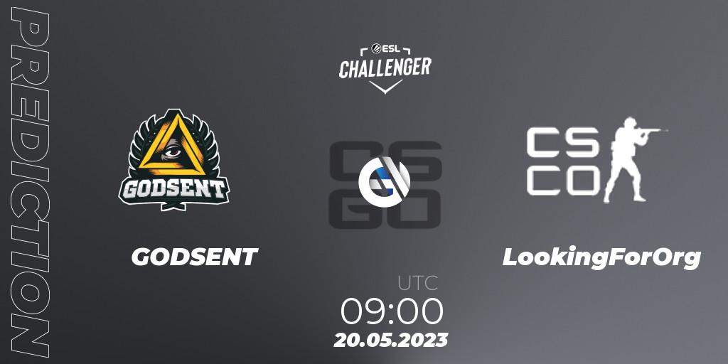Prognose für das Spiel GODSENT VS LookingForOrg. 20.05.2023 at 09:00. Counter-Strike (CS2) - ESL Challenger Katowice 2023: European Qualifier